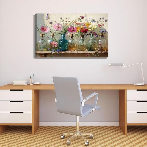 1Pcs Framed Retro Farmhouse Flowers Canvas wall art Colorful wildflowers Posters Prints Colored glass bottles Artwork Pictures Printing Wall Decor for Living Room Bedroom Bathroom Home Decoration in Saudi Arabia