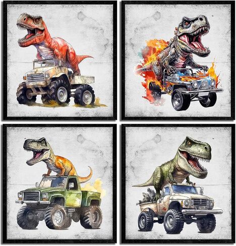 4Pcs Dinosaur Truck Nursery Canvas Wall Art Funny Vintage Boys Room Poster Prints Cool Truck Pictures Retro Dino Wall Decor for Kids Room Playroom Bedroom Home Decoration 12x12 in Unframed in Saudi Arabia