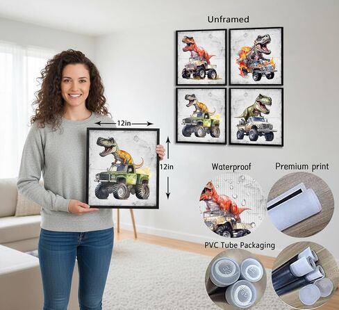 4Pcs Dinosaur Truck Nursery Canvas Wall Art Funny Vintage Boys Room Poster Prints Cool Truck Pictures Retro Dino Wall Decor for Kids Room Playroom Bedroom Home Decoration 12x12 in Unframed in Saudi Arabia