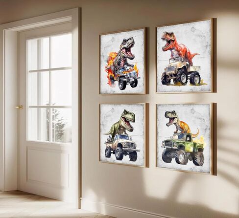 4Pcs Dinosaur Truck Nursery Canvas Wall Art Funny Vintage Boys Room Poster Prints Cool Truck Pictures Retro Dino Wall Decor for Kids Room Playroom Bedroom Home Decoration 12x12 in Unframed in Saudi Arabia