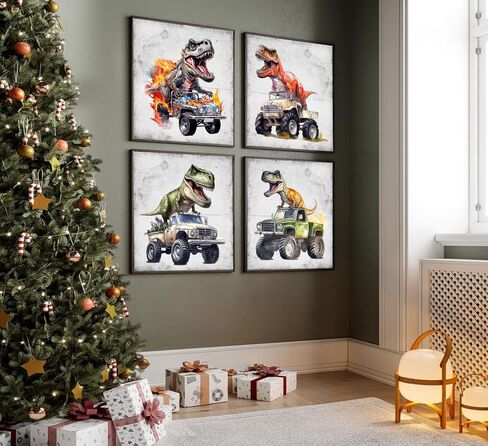 4Pcs Dinosaur Truck Nursery Canvas Wall Art Funny Vintage Boys Room Poster Prints Cool Truck Pictures Retro Dino Wall Decor for Kids Room Playroom Bedroom Home Decoration 12x12 in Unframed in Saudi Arabia