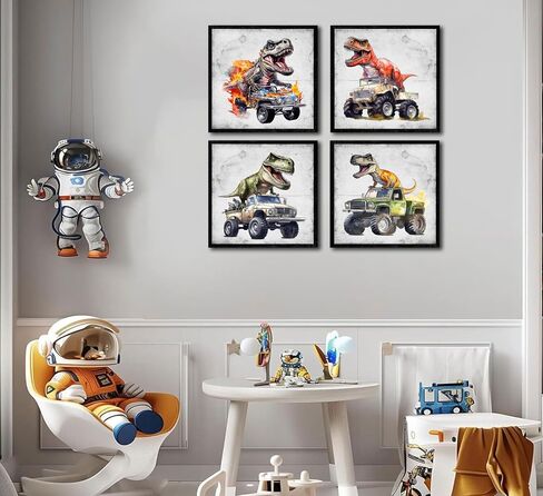 4Pcs Dinosaur Truck Nursery Canvas Wall Art Funny Vintage Boys Room Poster Prints Cool Truck Pictures Retro Dino Wall Decor for Kids Room Playroom Bedroom Home Decoration 12x12 in Unframed in Saudi Arabia