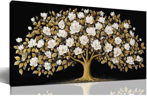 ORKARLUMENT Large Tree of Life Wall Art for Living Room Gold and White Floral Modern Artwork for Bedroom Office Canvas Prints 20"x40" in Kuwait