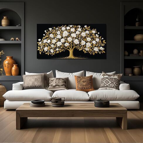 ORKARLUMENT Large Tree of Life Wall Art for Living Room Gold and White Floral Modern Artwork for Bedroom Office Canvas Prints 20"x40" in Kuwait