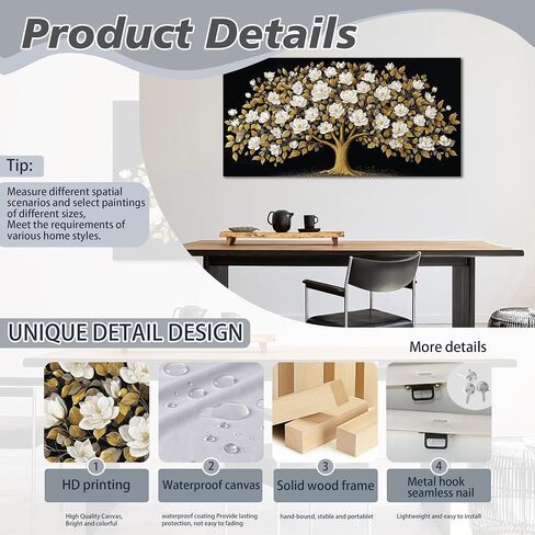 ORKARLUMENT Large Tree of Life Wall Art for Living Room Gold and White Floral Modern Artwork for Bedroom Office Canvas Prints 20"x40" in Kuwait