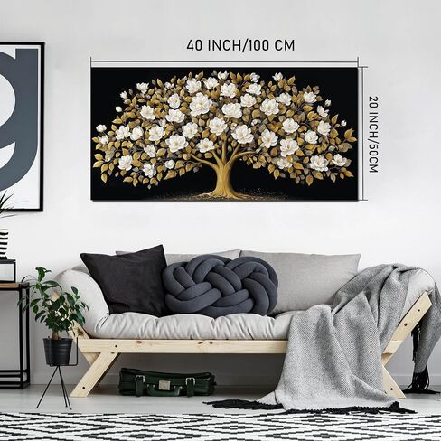 ORKARLUMENT Large Tree of Life Wall Art for Living Room Gold and White Floral Modern Artwork for Bedroom Office Canvas Prints 20"x40" in Kuwait