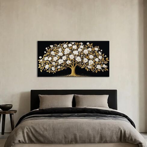 ORKARLUMENT Large Tree of Life Wall Art for Living Room Gold and White Floral Modern Artwork for Bedroom Office Canvas Prints 20"x40" in Kuwait