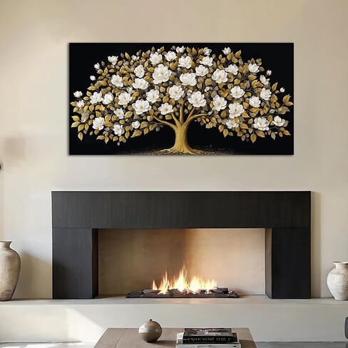 ORKARLUMENT Large Tree of Life Wall Art for Living Room Gold and White Floral Modern Artwork for Bedroom Office Canvas Prints 20"x40" in Kuwait