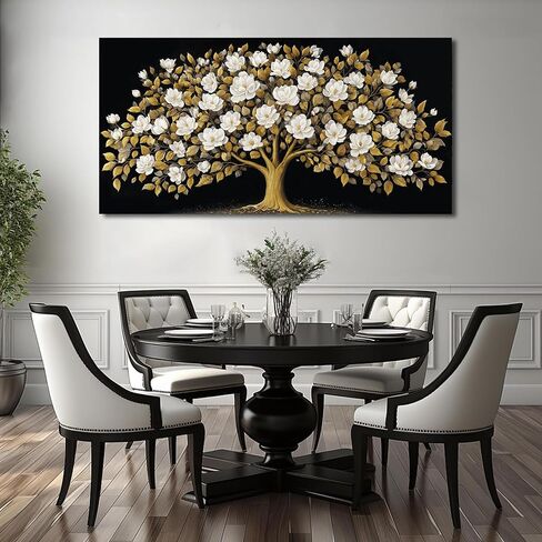 ORKARLUMENT Large Tree of Life Wall Art for Living Room Gold and White Floral Modern Artwork for Bedroom Office Canvas Prints 20"x40" in Kuwait