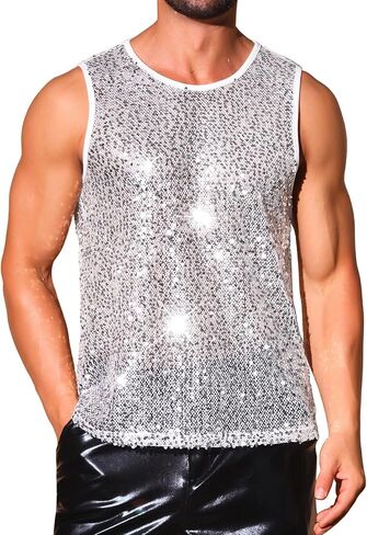 Lars Amadeus Glitter Sequins Tank Top for Men's Sheer Mesh Round Neck Sleeveless Metallic Vest in Kuwait