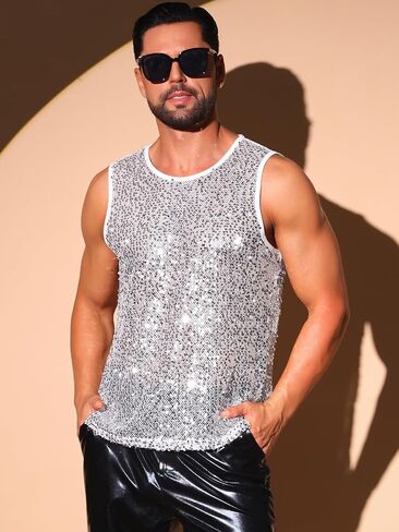 Lars Amadeus Glitter Sequins Tank Top for Men's Sheer Mesh Round Neck Sleeveless Metallic Vest in Kuwait