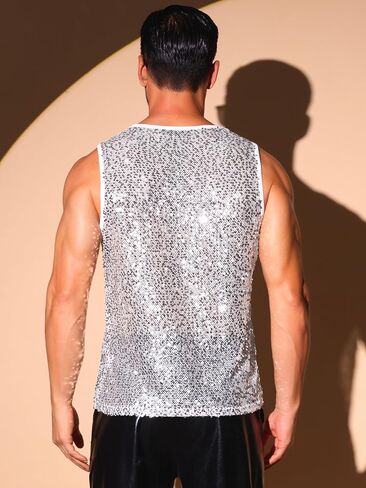 Lars Amadeus Glitter Sequins Tank Top for Men's Sheer Mesh Round Neck Sleeveless Metallic Vest in Kuwait