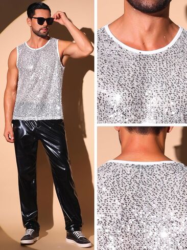 Lars Amadeus Glitter Sequins Tank Top for Men's Sheer Mesh Round Neck Sleeveless Metallic Vest in Kuwait