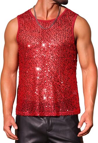 Lars Amadeus Glitter Sequins Tank Top for Men's Sheer Mesh Round Neck Sleeveless Metallic Vest in Kuwait