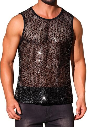 Lars Amadeus Glitter Sequins Tank Top for Men's Sheer Mesh Round Neck Sleeveless Metallic Vest in Kuwait