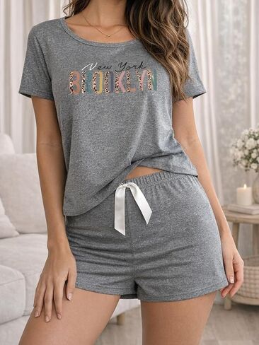 2PCS Women's Leopard Print Pajama Set, Short Sleeve Top and Shorts, Comfy Lightweight Lounge Home Sleepwear Pjs in Kuwait