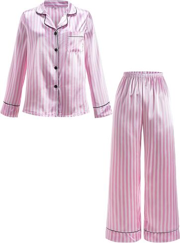 Women's Satin Striped Pajamas 2 Piece Fall Button Down Long Sleeve Shirt and Pants Lounge Sets Sleepwear in Kuwait
