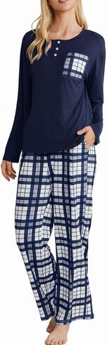 FLYCURVY Women's Pajama Sets 2 Piece Long Sleeve Sleepwear Soft Pj Set Loungewear Plaid Pjs with Pockets XS-L in Saudi Arabia
