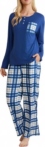 FLYCURVY Women's Pajama Sets 2 Piece Long Sleeve Sleepwear Soft Pj Set Loungewear Plaid Pjs with Pockets XS-L in Saudi Arabia