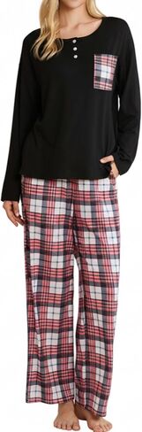 FLYCURVY Women's Pajama Sets 2 Piece Long Sleeve Sleepwear Soft Pj Set Loungewear Plaid Pjs with Pockets XS-L in Saudi Arabia
