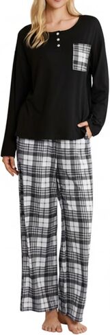 FLYCURVY Women's Pajama Sets 2 Piece Long Sleeve Sleepwear Soft Pj Set Loungewear Plaid Pjs with Pockets XS-L in Saudi Arabia
