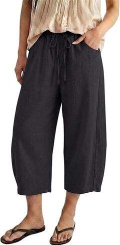 Barrel Pants Women High Waisted Casual Summer Cotton Linen Capris Wide Leg Drawstring Cropped Pants with Pockets in Kuwait