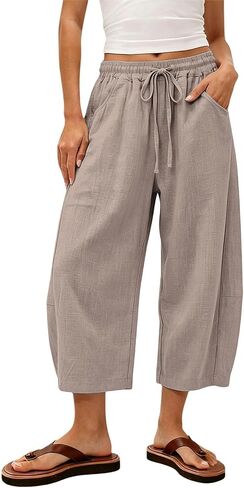 Barrel Pants Women High Waisted Casual Summer Cotton Linen Capris Wide Leg Drawstring Cropped Pants with Pockets in Kuwait
