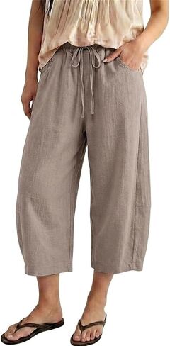 Barrel Pants Women High Waisted Casual Summer Cotton Linen Capris Wide Leg Drawstring Cropped Pants with Pockets in Kuwait