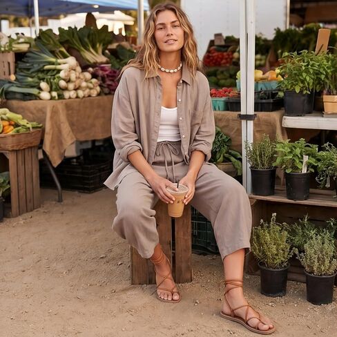 Barrel Pants Women High Waisted Casual Summer Cotton Linen Capris Wide Leg Drawstring Cropped Pants with Pockets in Kuwait