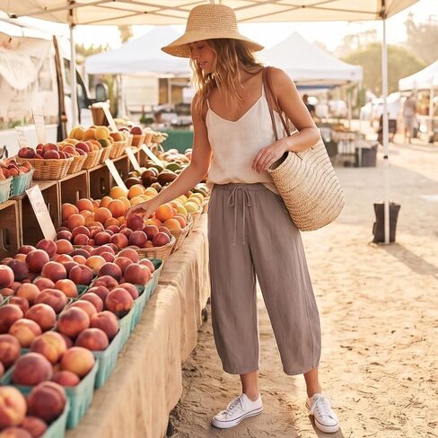 Barrel Pants Women High Waisted Casual Summer Cotton Linen Capris Wide Leg Drawstring Cropped Pants with Pockets in Kuwait