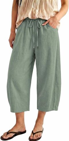 Barrel Pants Women High Waisted Casual Summer Cotton Linen Capris Wide Leg Drawstring Cropped Pants with Pockets in Kuwait