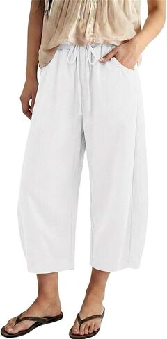 Barrel Pants Women High Waisted Casual Summer Cotton Linen Capris Wide Leg Drawstring Cropped Pants with Pockets in Kuwait