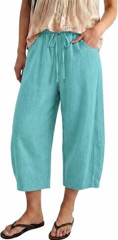 Barrel Pants Women High Waisted Casual Summer Cotton Linen Capris Wide Leg Drawstring Cropped Pants with Pockets in Kuwait