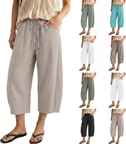 Barrel Pants Women High Waisted Casual Summer Cotton Linen Capris Wide Leg Drawstring Cropped Pants with Pockets in Kuwait
