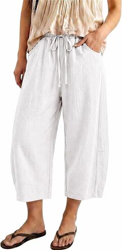 Barrel Pants Women High Waisted Casual Summer Cotton Linen Capris Wide Leg Drawstring Cropped Pants with Pockets in Kuwait