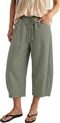 Barrel Pants Women High Waisted Casual Summer Cotton Linen Capris Wide Leg Drawstring Cropped Pants with Pockets in Kuwait
