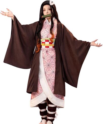 Women Cosplay Anime Movie Costumes Pink Kimono Black Coat Full Set for Halloween Party in Saudi Arabia