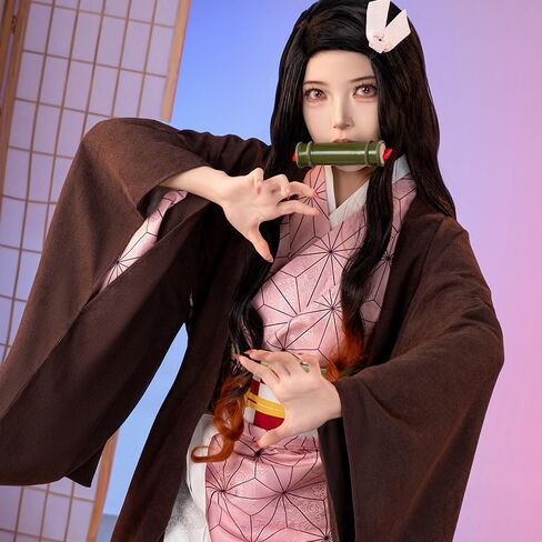 Women Cosplay Anime Movie Costumes Pink Kimono Black Coat Full Set for Halloween Party in Saudi Arabia