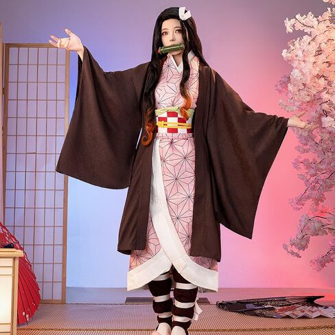 Women Cosplay Anime Movie Costumes Pink Kimono Black Coat Full Set for Halloween Party in Saudi Arabia