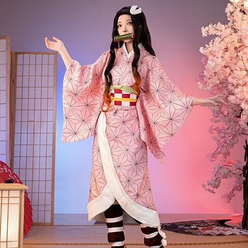 Women Cosplay Anime Movie Costumes Pink Kimono Black Coat Full Set for Halloween Party in Saudi Arabia