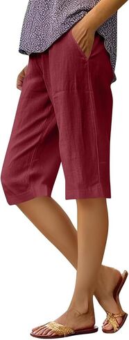 Womens Cotton Linen Shorts Knee Length Elastic Waist Shorts Summer Casual Gym Going Out Pants with Pockets in Kuwait