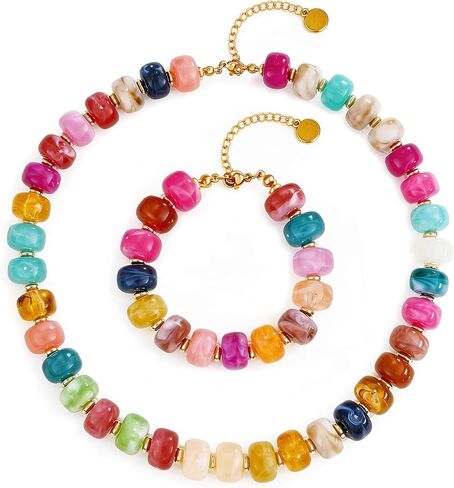 Chunky Beaded Necklace Bracelet Set Trendy Boho Large Square Acrylic Beads Statement Jewelry Chunky Corforful Choker Necklace for Women in Saudi Arabia