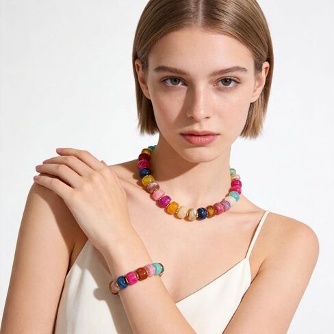 Chunky Beaded Necklace Bracelet Set Trendy Boho Large Square Acrylic Beads Statement Jewelry Chunky Corforful Choker Necklace for Women in Saudi Arabia