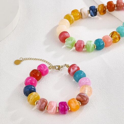 Chunky Beaded Necklace Bracelet Set Trendy Boho Large Square Acrylic Beads Statement Jewelry Chunky Corforful Choker Necklace for Women in Saudi Arabia