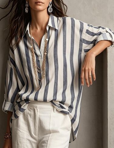 Watashi Women Striped V Neck Henley Shirt Oversized Roll Long Sleeved Collared Blouse Work Office Wear Tops in Saudi Arabia