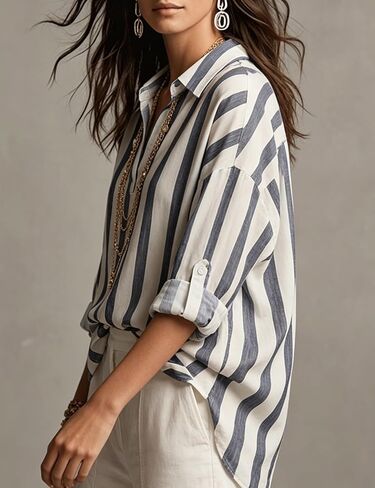 Watashi Women Striped V Neck Henley Shirt Oversized Roll Long Sleeved Collared Blouse Work Office Wear Tops in Saudi Arabia