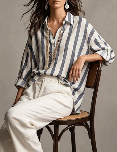 Watashi Women Striped V Neck Henley Shirt Oversized Roll Long Sleeved Collared Blouse Work Office Wear Tops in Saudi Arabia