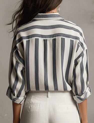 Watashi Women Striped V Neck Henley Shirt Oversized Roll Long Sleeved Collared Blouse Work Office Wear Tops in Saudi Arabia