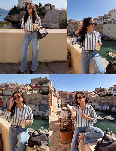 Watashi Women Striped V Neck Henley Shirt Oversized Roll Long Sleeved Collared Blouse Work Office Wear Tops in Saudi Arabia