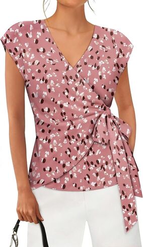 siliteelon Womens Wrap Blouse Dressy Casual V Neck Cap Sleeve Dressy Casual Tops Summer Spring Ruched Waist Shirt in Saudi Arabia